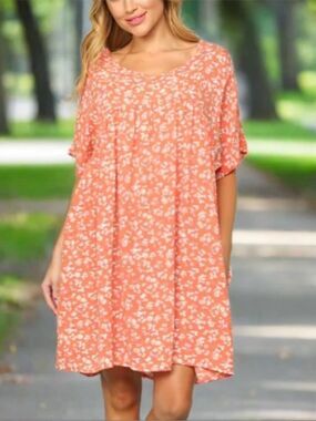 H by Floral Coral Pink Shift Dress w/ Scoop Neck |Oversized | Flowy | Swing NWOT